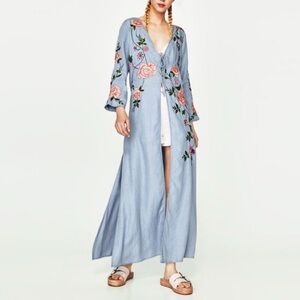 Zara Light Blue Floral Embroidered Kimono Robe